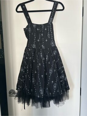 Spin Doctor - Black Gothic Printed Sundress with Bustle and Tulle Ruffles - Sz S